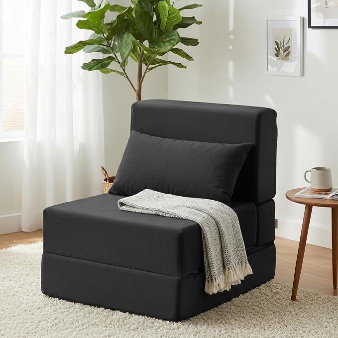 Folding Sofa Bed, Convertible Sleeper Chair with Pillow, Foldable Mattress & Back Support, Portable Floor Lounger Futon for Apartment, Dorm, Living Room, Bedroom, Grey (Black)