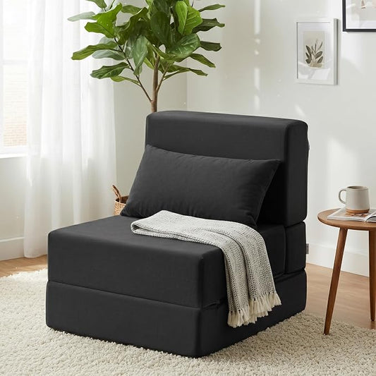 Folding Sofa Bed, Convertible Sleeper Chair with Pillow, Foldable Mattress & Back Support, Portable Floor Lounger Futon for Apartment, Dorm, Living Room, Bedroom, Grey (Black)
