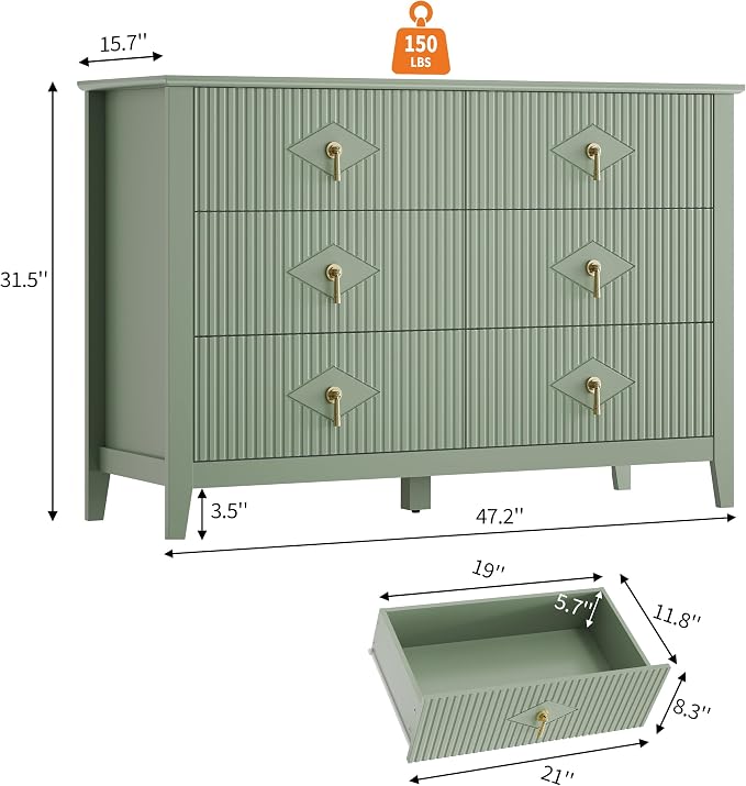 GarveeHome Fluted Dresser for Bedroom, 47.2 Inch Wide 6-Drawer Wood Dresser, Modern Chest of Drawers, Storage Organizer Cabinet for Living Room, Hallway, Entryway, Green