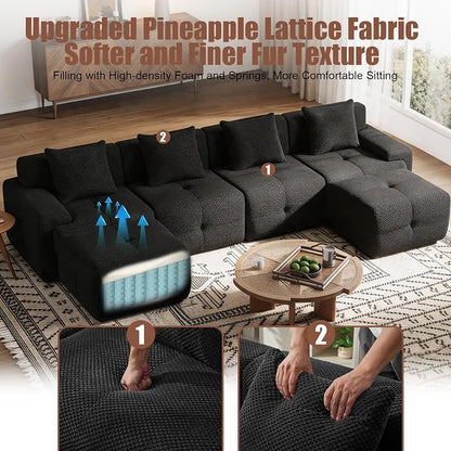 135" Cloud Couch Sectional with 2 Ottoman, U-Shaped Boneless Sofa,Modern Modular Couch, Pineapple Grid Fabric with Foam & Spring Filling for Living Room, No Assembly Required (Black, 4seates)