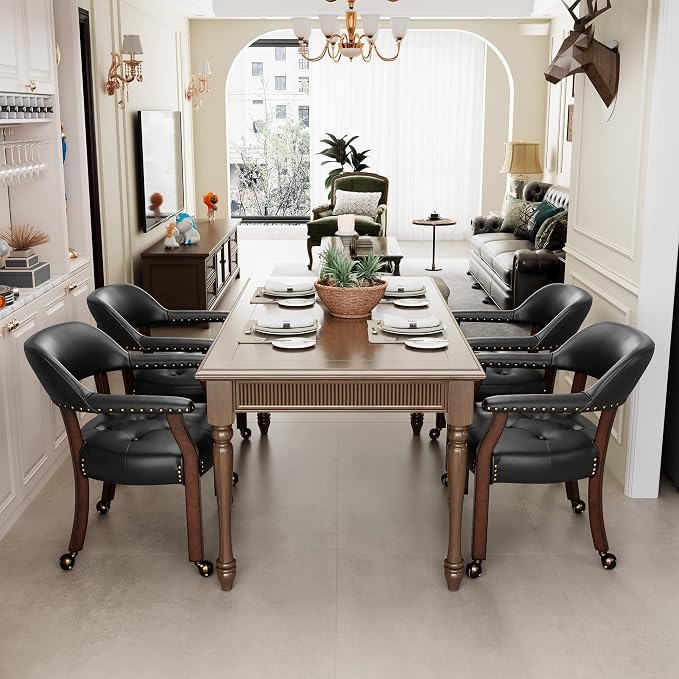 LEEMTORIG Set of 4 Large Dining Chairs with Casters and Arms, Rolling Dining Chairs with Wheels, Accent Game Table Chairs, Solid Wood Boss Caption's Office Chairs, Espresso Legs & Black, SY-318-BK