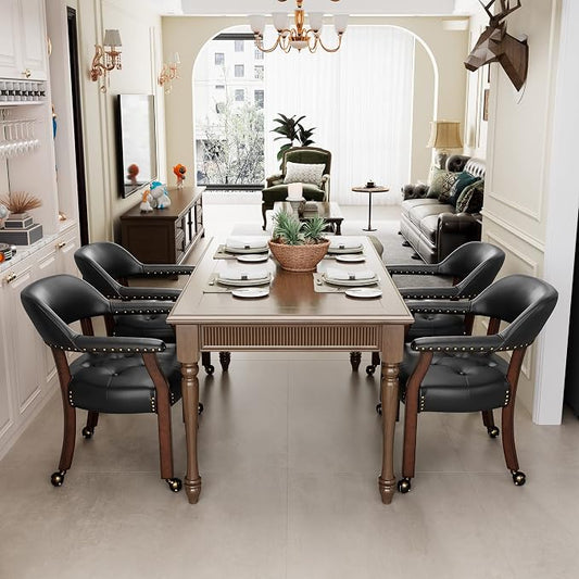 LEEMTORIG Set of 4 Large Dining Chairs with Casters and Arms, Rolling Dining Chairs with Wheels, Accent Game Table Chairs, Solid Wood Boss Caption's Office Chairs, Espresso Legs & Black, SY-318-BK
