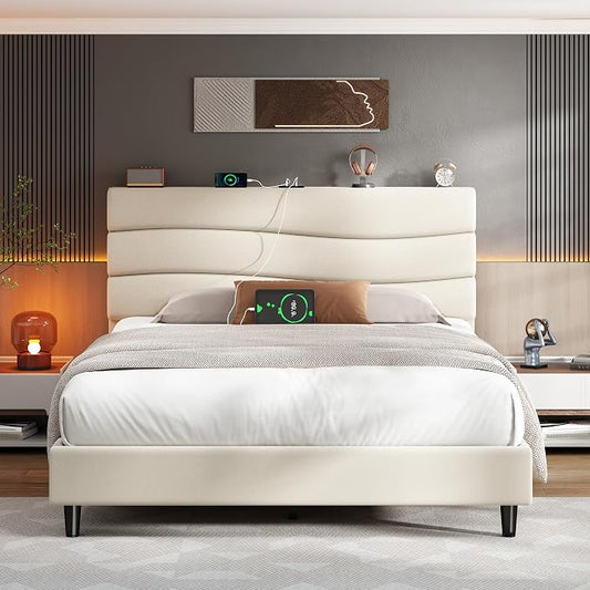 EnHomee Full Size Bed Frame with Adjustable Height Headboard,Upholstered Platform Bed with Charging Stations, Noise-Free,No Box Spring Needed, Easy Assembly,Beige