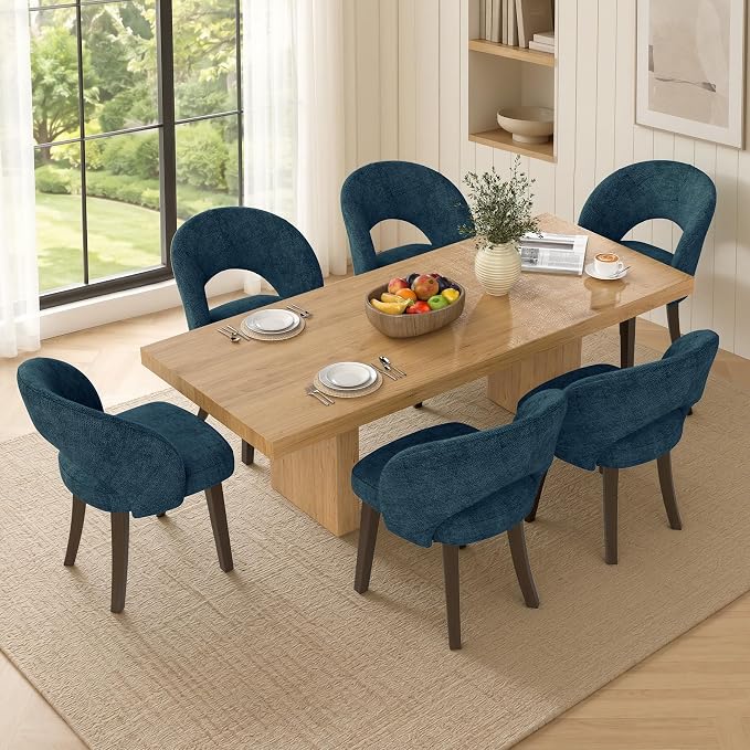 Dining Chairs Set of 6, Mid Century Modern Dining Chairs with Solid Wood Legs, Curved Back Kitchen Chair Farmhouse Side Upholstered Chairs for Kitchen Dining Room, Blue