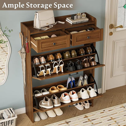 BORNOON Shoe Storage Cabinet for Entryway, Farmhouse Narrow Shoe Cabinet with 2 Flip Drawers & Top Drawers, Adjustable Shelves & Hooks, Freestanding Hidden Rack Organizer for Hallway, Foyer