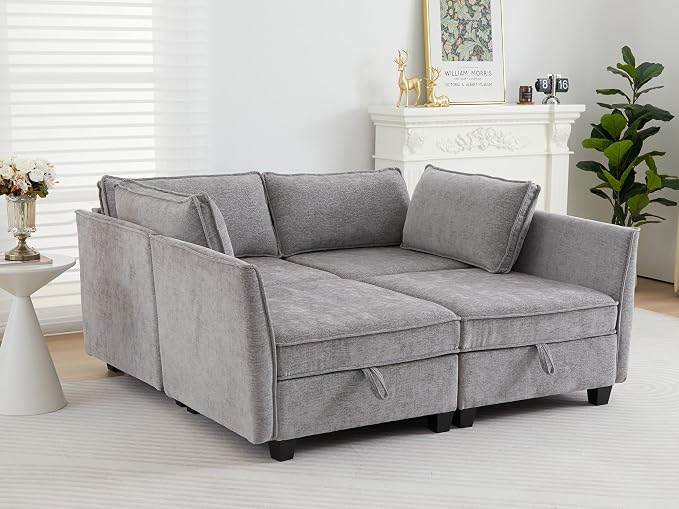 ORRD Sleeper Modular Sectional Sofa Set, Convertible Couch Bed with Storage, 4 Seater and 4 Armrestes Sofa Modular for Living Room, Office (Grey)