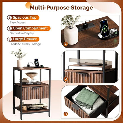 VINGLI Nightstands Set of 2 with Fabric Drawer, Walnut Nightstand with Charging Station, Fluted Night Stands, Bedside Tables/End Tables with Charger Station, Side Table Bedroom,Small Night Stand,2 pcs
