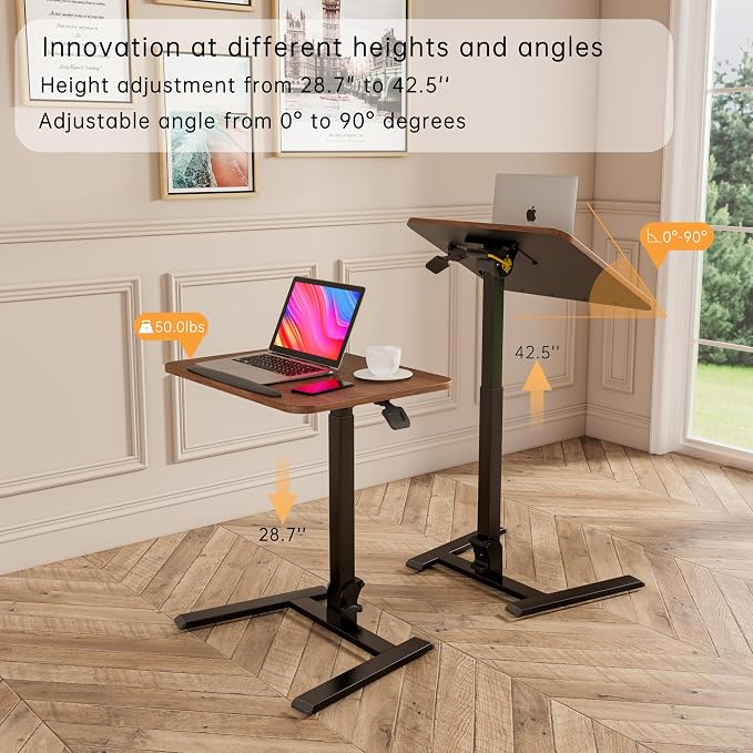 alawooder 25" Mobile Folding Desk: Pneumatic Sit-Stand, No Assembly | 29-42" Height Adjustable Rolling Laptop Desk, Hidden Wheels, 0-90° Tilt Top. Ideal for Home Office, Craft & Study.