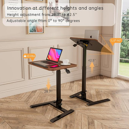 alawooder 25" Mobile Folding Desk: Pneumatic Sit-Stand, No Assembly | 29-42" Height Adjustable Rolling Laptop Desk, Hidden Wheels, 0-90° Tilt Top. Ideal for Home Office, Craft & Study.