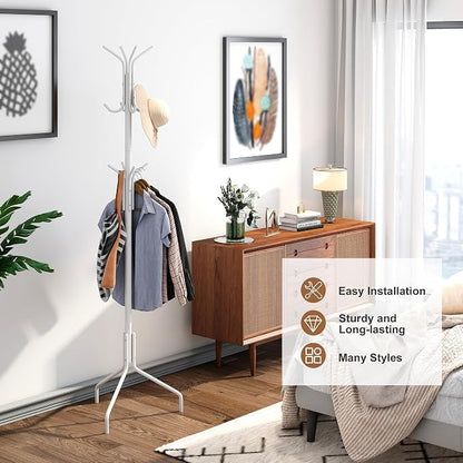 Coat Rack Freestanding Coat Tree Standing Hat Hanger Jacket Organizer Rack Metal,18.3" L x 18.3" W x 71.5" H,White