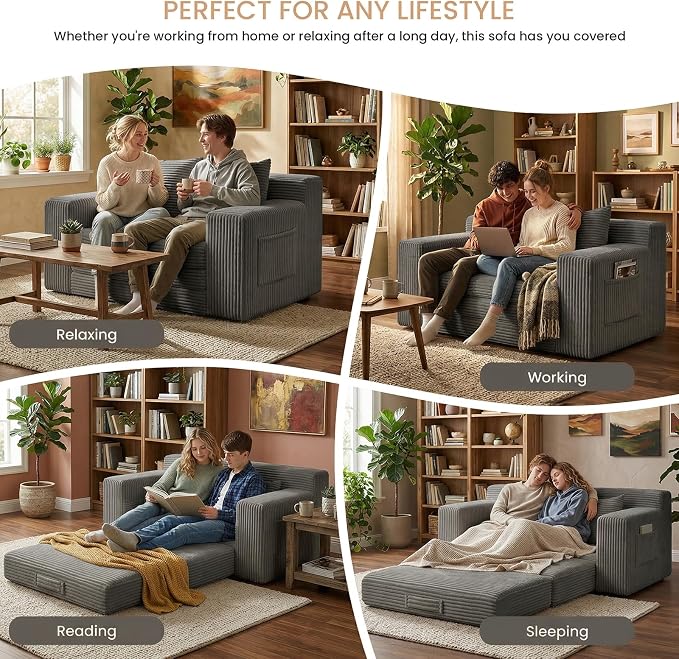 Boneless Loveseat Sofa Bed, Tri-Folding Convertible Futon Sleeper with Handle & Side Pockets, 54'' Boneless Couch with Hook and Loop No Assembly for Small Space,Living Room & Bedroom