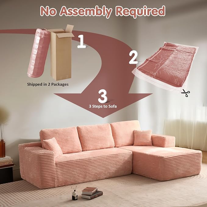 ovios 104" Cloud Boneless Couch with L-Shape Chaise,Modern Sectional Modular Sofa with Deep Seat, Upholstered Couches for Living Room Bedroom,No Assembly Required, Pink (Plush Corduroy Fabric)