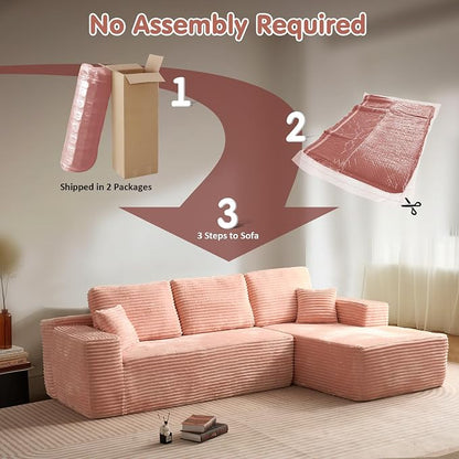 ovios 104" Cloud Boneless Couch with L-Shape Chaise,Modern Sectional Modular Sofa with Deep Seat, Upholstered Couches for Living Room Bedroom,No Assembly Required, Pink (Plush Corduroy Fabric)