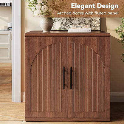 MapleGrace 31.5" Fluted Buffet Cabinet with Storage, Mid-Century Symmetrical Arched Sideboard Credenza with Adjustable Shelf, Large Wood Console Table for Dining Room, Kitchen, and Living Room(Walnut)