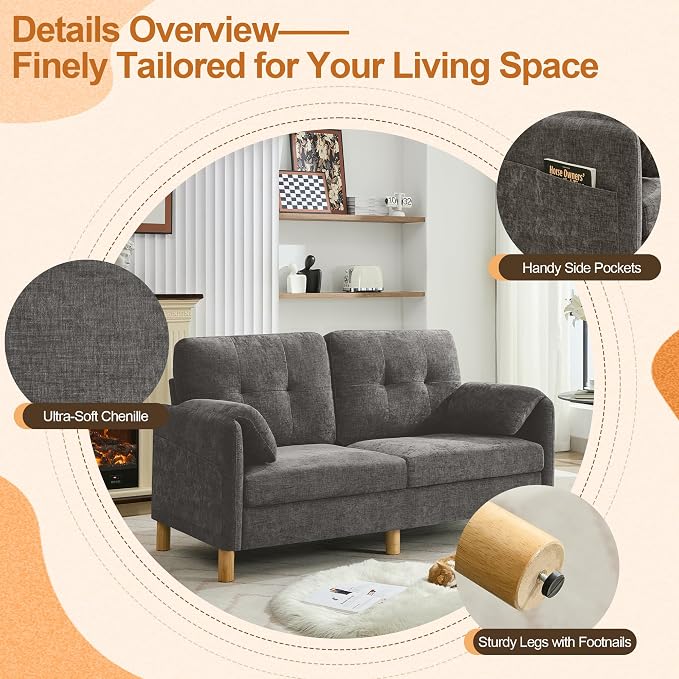 WUTUTUEE 65" Chenille Modern Loveseat Sofa, Upholstered 2-Seater Love Seat Couch with Armrest Pillows, Storage Pockets, Easy Assembly, Tufted Loveseat Couches for Living Room Bedroom, Light Grey