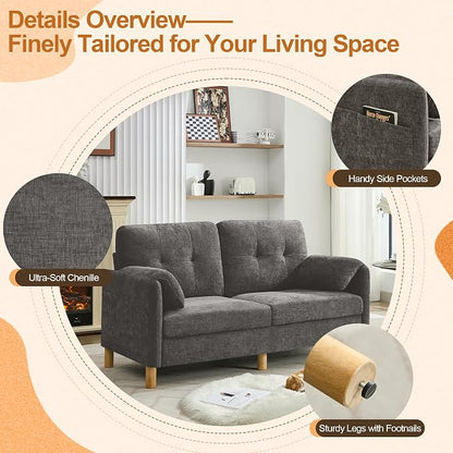 WUTUTUEE 65" Chenille Modern Loveseat Sofa, Upholstered 2-Seater Love Seat Couch with Armrest Pillows, Storage Pockets, Easy Assembly, Tufted Loveseat Couches for Living Room Bedroom, Light Grey