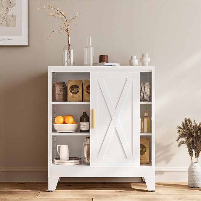 COFaR White 37" H Sliding Door Storage Cabinet, Half Open Half Closed Design, 3-Tier Kitchen Organizer with Adjustable Shelves, 150 lbs Top, Metal Coffee Bar & Buffet Sideboard for Dining Room
