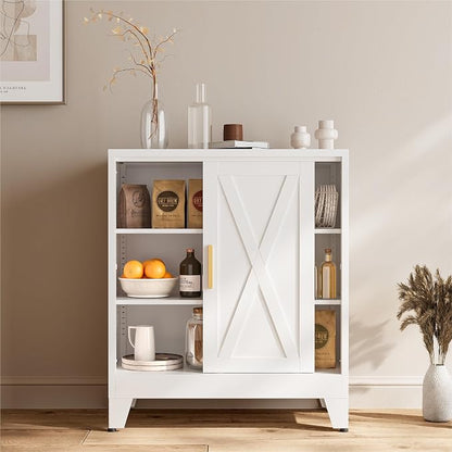 COFaR White 37" H Sliding Door Storage Cabinet, Half Open Half Closed Design, 3-Tier Kitchen Organizer with Adjustable Shelves, 150 lbs Top, Metal Coffee Bar & Buffet Sideboard for Dining Room