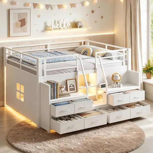 Bellemave Low Loft Bed Full Size with Storage Shelves & Fabric Drawers, Metal Full Loft Bed for Kids with LED Lights & Under-Bed Play Area, Low Loft Bed Frame for Bedroom, No Box Spring Needed, White