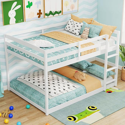 Giantex Full Over Full Bunk Bed, Solid Wood Kids Bunk Bed with Full-Length Guardrails, Integrated Ladder & Anti-Tippling Kits, Low Bunk Beds with Slats Support for Kids, Teens, White