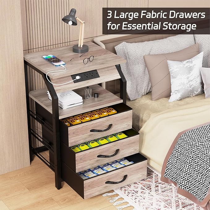 SZLHANJZ Night Stand Set of 2, Nightstands with Charger Station and LED Lights, End Tables Set with 3 Fabric Drawers, Storage Side Tables for Bedside, Living Room, Greige