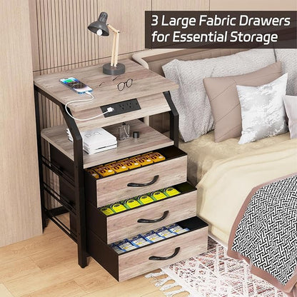 SZLHANJZ Night Stand Set of 2, Nightstands with Charger Station and LED Lights, End Tables Set with 3 Fabric Drawers, Storage Side Tables for Bedside, Living Room, Greige