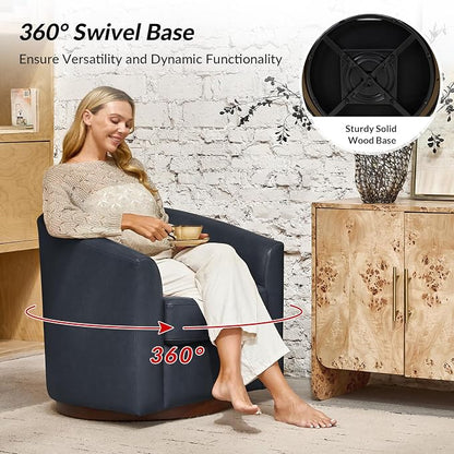 HULALA HOME Genuine Leather Swivel Barrel Chair, Round Swivel Accent Chair with Solid Wood Base, No Assembly Required, Navy