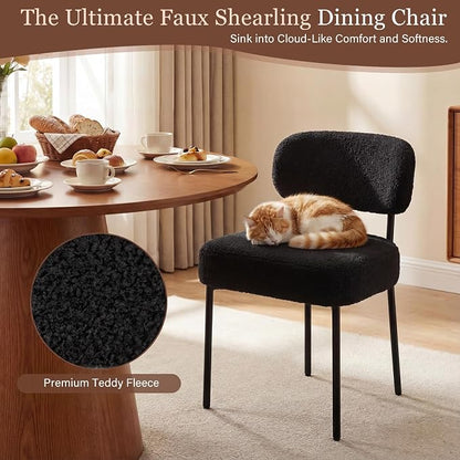 Beige Boucle Dining Chairs, 6-Pack, Black | Curved Backrest, Comfortable Upholstered, Mid Century Modern, Kitchen Dining Room