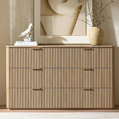 Dresser for Bedroom with 6 Drawers, 54"W Chest of Drawers, Fluted Dresser with Faux Marble Top, Curved Profile Design, Metal Handle, Wood Closet Storage Organizer for Living Room, Hallway, Natural Oak