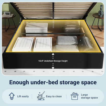 Allewie Full Size Lift Up Storage Bed Frame with Charging Station & LED Lights, Adjustable Velvet Upholstered Storage Headboard, Type-C & USB Ports, Hydraulic Support, No Box Spring Needed, Black