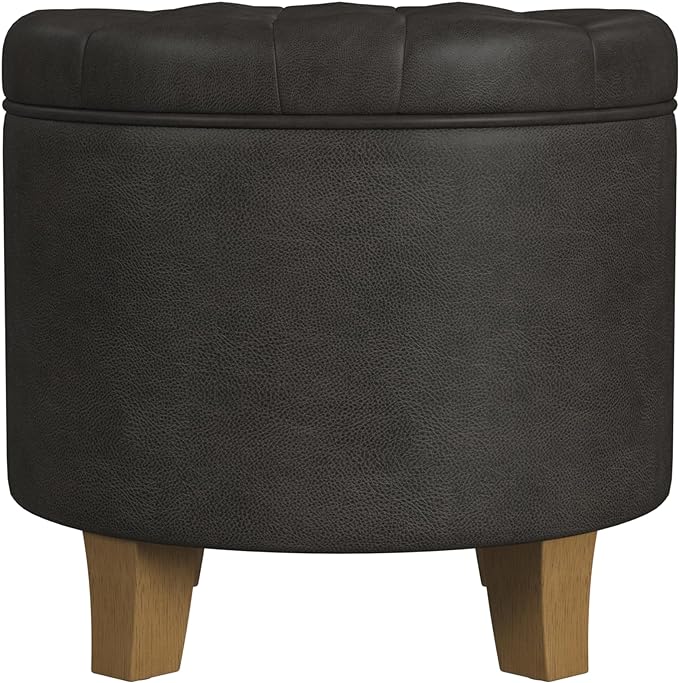 HomePop 19" Faux Leather Button Tufted Round Storage Ottoman - Black