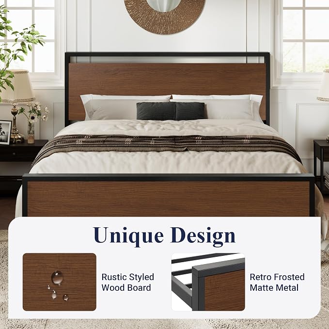Allewie Full Size Platform Bed Frame with Wooden Headboard and Footboard, Heavy Duty 12 Metal Slats Support, No Box Spring Needed, Under-Bed Storage, Noise Free, Easy Assembly, Walnut