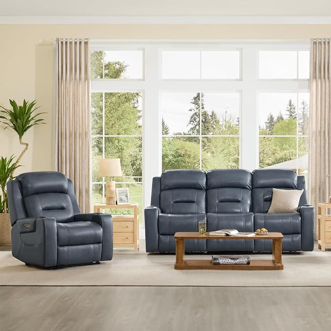 Watson & Whitely Genuine Leather Power Loveseat and Recliner Sofa Set, Lay Flat Reclining Couch with Console, Power Headrest, USB & Wireless Charging, Cup Holders for Living Room, Navy Blue