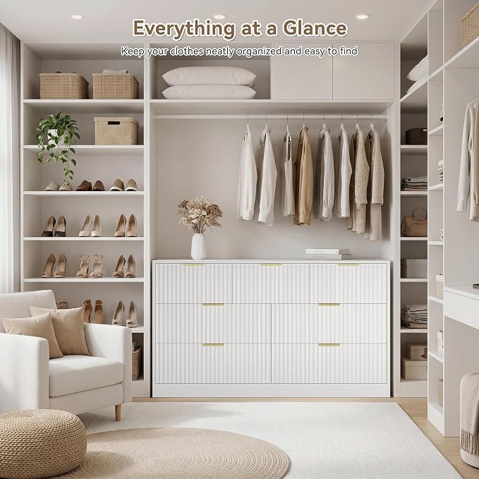 White 7 Drawer Dresser for Bedroom, 55" Wide Fluted Chest of Drawers with Gold Metal Handles, Modern Wood Dresser Closet Storage Organizer Mid Century TV Stand for Living Room Hallway