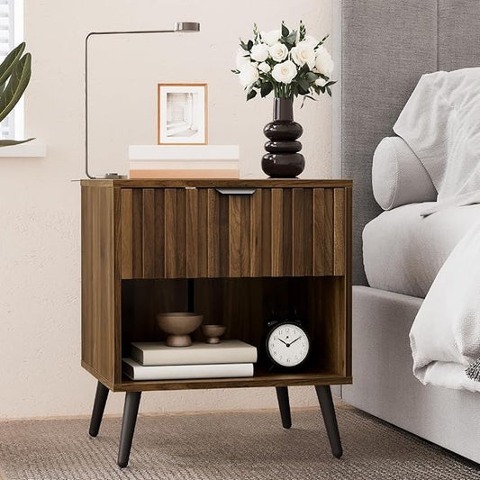 Smuxee Walnut Wooden Night Stand Set of 2, Mid Century Nightstand with Fluted Drawer, Bedside Table with Open Shelf, Modern End Side Table for Bedroom