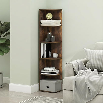 Furinno PASIR Book Shelf, 5-Tier Corner Bookshelf with Open Shelf, Standing Bookcase, 9.3 x 12 x 51.7, for Organization and Storage, for Living Room, Bedroom, Home Office, Amber Pine