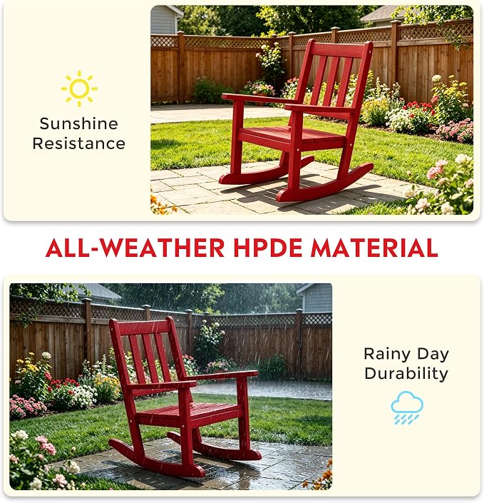Costaelm Paradise Kids 3-Piece Outdoor HDPE Plastic Square Side Table and Rocking Chairs Set, Red