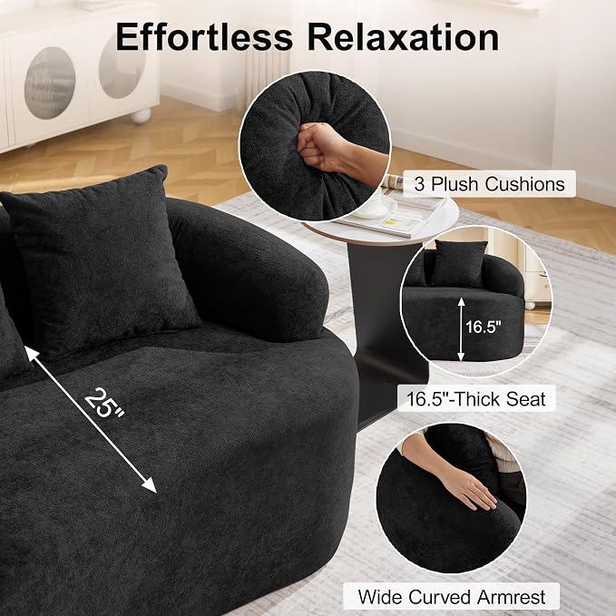 110.2" Curved Boneless Couch, Oversized Cloud Sofa with 4 Pillows, Modern 4 Seater Modular Sectional Sofa, Boneless Sectional Couches for Living Room, Curved Foam Couch, Black