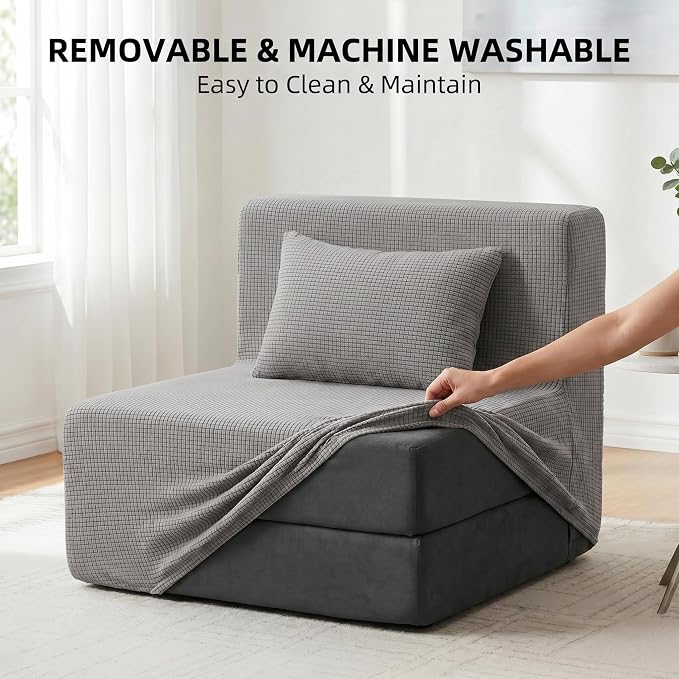 FILUXE Convertible Folding Sofa Bed-Sleeper Chair with Pillow, Modern Linen Fabric Floor Futon Couch, Foldable Mattress for Living Room/Guest Use/Apartment,Single,Dark Gray+ Dark Gray Cover