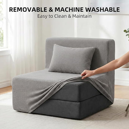 FILUXE Convertible Folding Sofa Bed-Sleeper Chair with Pillow, Modern Linen Fabric Floor Futon Couch, Foldable Mattress for Living Room/Guest Use/Apartment,Single,Dark Gray+ Dark Gray Cover