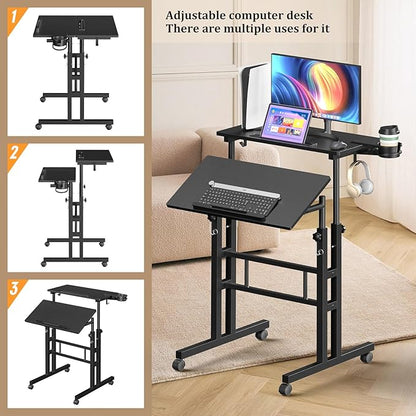 Enayplon Small Standing Desk with Wheels, Mobile Stand Up Desk, Portable Standing Table on Wheels for Walking Pad, Rolling Computer Desk Adjustable Height, Tall Table