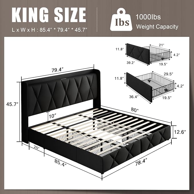 Einhomn King Size Bed Frame with 4 Storage Drawers and Charging Station, Upholstered Platform Bed Frame with Storage Headboard, No Box Spring Needed, Easy Assembly, Black