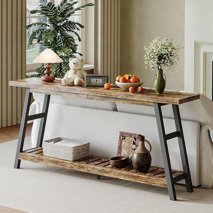 ChooChoo 70.9 Inch Long Console Tables for Entryway, Wood 2-Tier Entry Hallway Table, Narrow Sofa Table Behind Couch Table for Living Room, Entrance, Rustic Brown