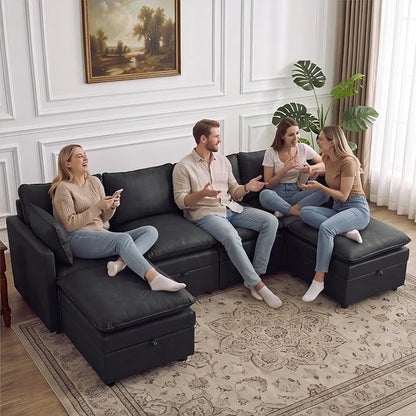 105" Black Faux Leather Storage 4 Seater Sofa with 2 Ottomans, Comfy Couch | Convertible Modular Sectional Sofa, U Shaped Oversized Couch, Upholstered Large Cloud Couch For Living Room, Apartment.