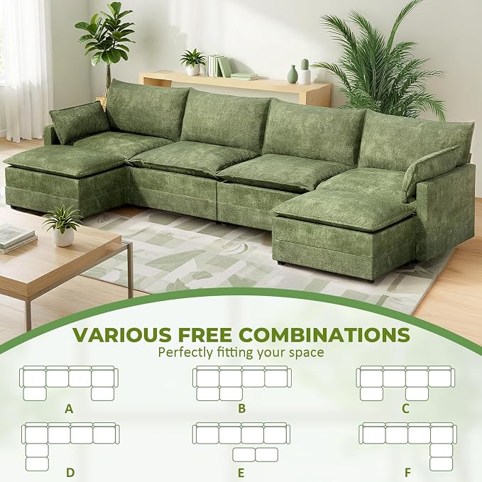 LEVELEVE 147" U-Shape Modular Sofa with 2 Ottomans, Deep Seat Cloud Convertible Sleeper, 2 Arm Pillows, Comfortable Large Upholstered Furniture for Living Room Apartment, Green