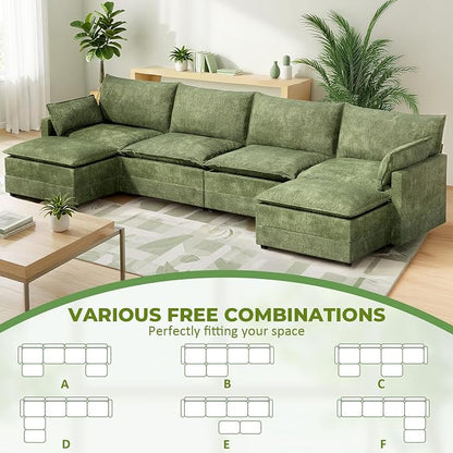 LEVELEVE 147" U-Shape Modular Sofa with 2 Ottomans, Deep Seat Cloud Convertible Sleeper, 2 Arm Pillows, Comfortable Large Upholstered Furniture for Living Room Apartment, Green