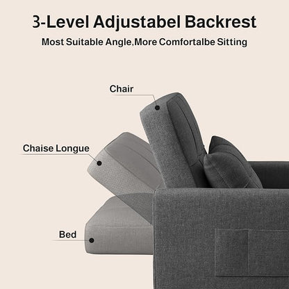 Ahomly Convertible Sofa Chair Bed, 3-in-1 Multi-Functional Sleeper Chair Bed, Adjustable Backrest Recliner with Modern Linen Fabric for Living Room Bedroom Apartment Small Space, Dark Grey