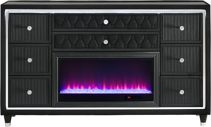 Coaster Home Furnishings - Lorient - Wood and Velvet - 8-Drawer Dresser with Flame Box, LED Lighting, Crystal Knobs and Traditional Style - Bedroom - Black - 223163FB