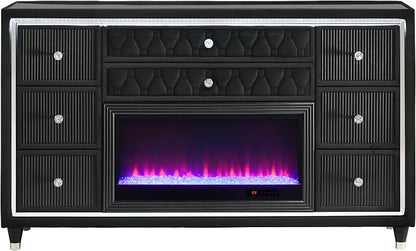 Coaster Home Furnishings - Lorient - Wood and Velvet - 8-Drawer Dresser with Flame Box, LED Lighting, Crystal Knobs and Traditional Style - Bedroom - Black - 223163FB
