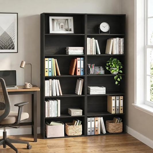 Furinno Jaya Book Shelf Set of 2, 6-Tier Bookshelf, Bookcase, 9.5 x 24.6 x 71, for Home Office, Living Room, Espresso